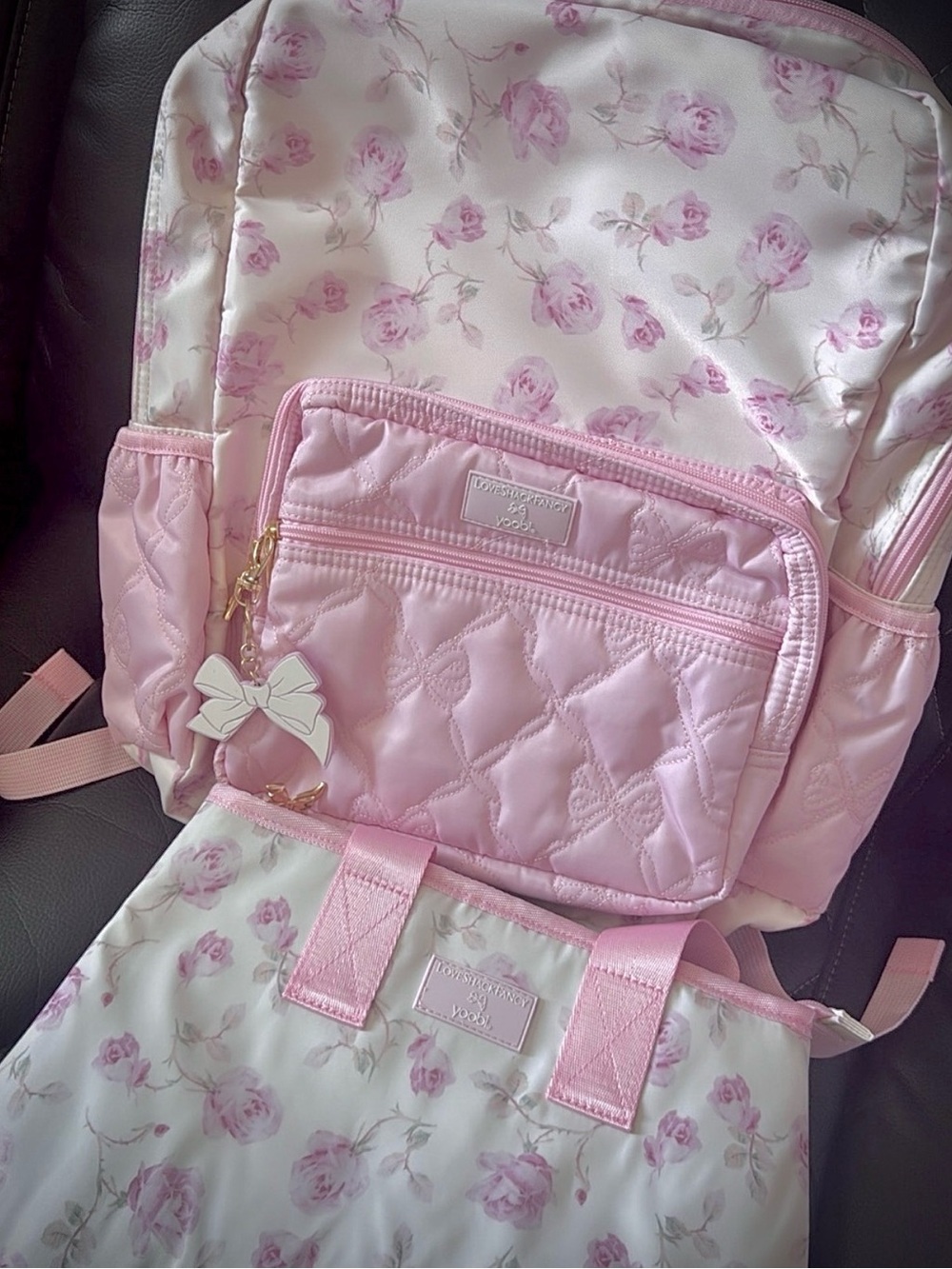 LoveShackFancy Pink Floral Quilted Backpack with Bow Charm